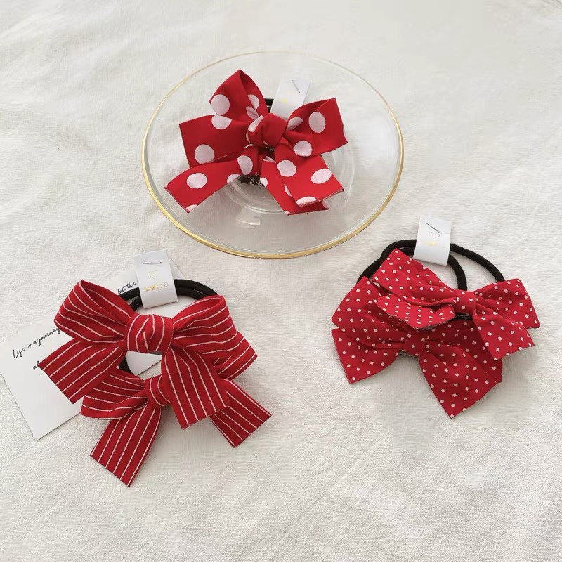 [SET 2] Dây cột tóc/Đồ buộc tóc đính nơ đỏ chấm bi phiên bản Hàn quốc cho bé và mẹ siêu xinh - Phụ kiện đôi