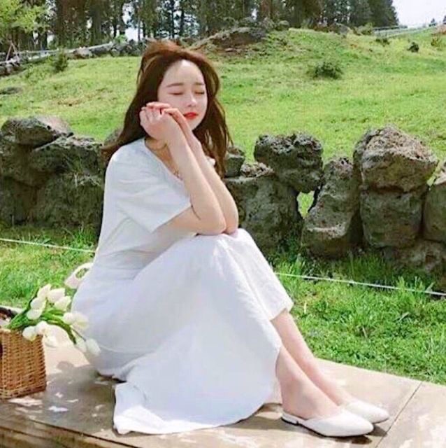 Đầm suông trắng thiếu nữ thắt nơ sau hàn quốc