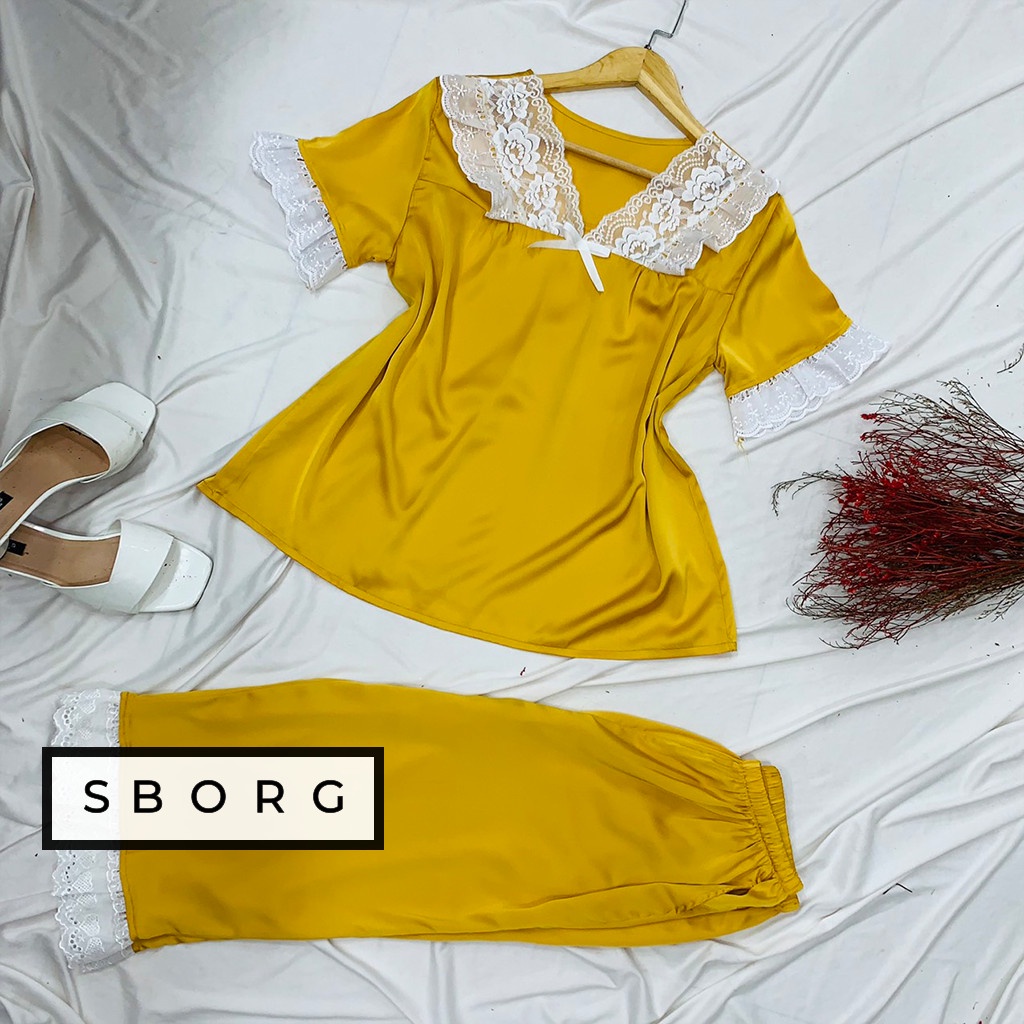 Đồ bộ mặc nhà SBORG bộ pijama lụa latin áo tay ngắn cổ tim viền ren dễ thương quần lửng túi quần sâu freesize dưới 65kg