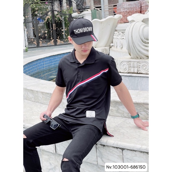[FREE SHIP] Áo polo Thom Browne sọc đỏ [2022]⚜️Áo phông Thom Browne vạch kẻ sọc chéo ✅
