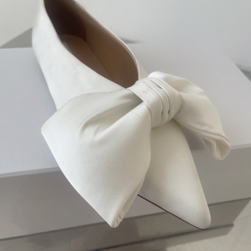 Giày búp bê mũi nhọn đính nơ bản to da thật cao cấp thương hiệu Kimhekim