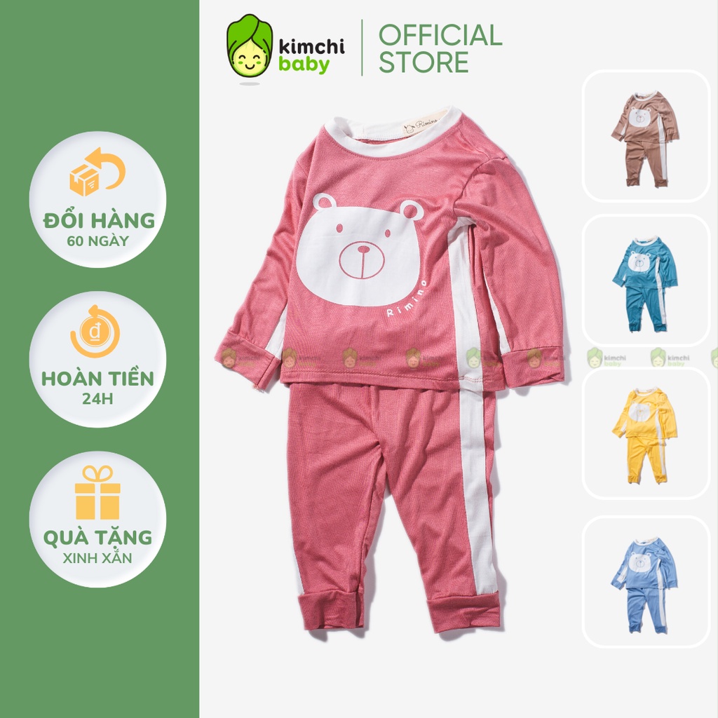 Bộ Dài Tay Bé Gái, Bé Trai KIMCHIBABY Vải Thun Lạnh Hoạ Tiết Mặt Gấu Dễ Thương, Bộ Quần Áo Trẻ Em Thu Đông KWTD2202