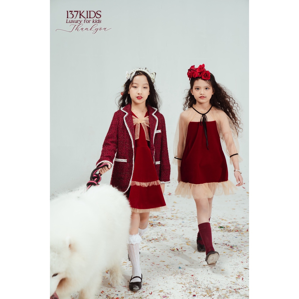 Váy nhung đỏ thiết kế tay voan 137KIDS dáng xòe cho bé gái