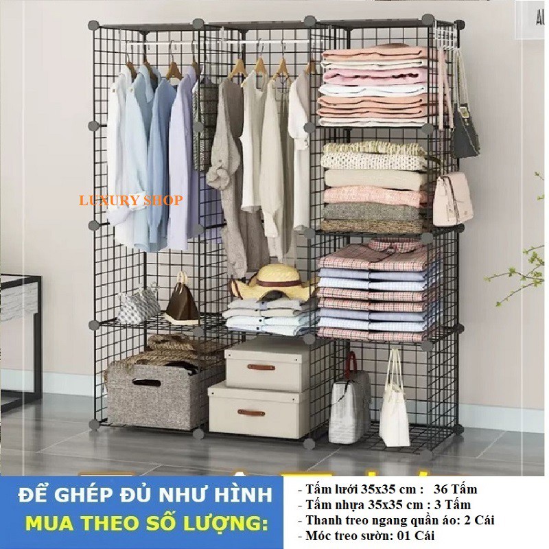 Tủ Quần Áo Lắp Ghép,Tủ Sách 39 Tấm Lưới 35*35cm Tặng Kèm 2 Thanh Treo Quần Áo+Búa +45 Chốt Gắn