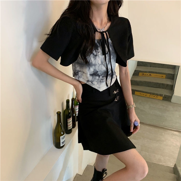 Women's Black, Short Sleeve Cardigan 2022 New Ink Tie-Dye Irregular Inner Wear Outerwear Camisole