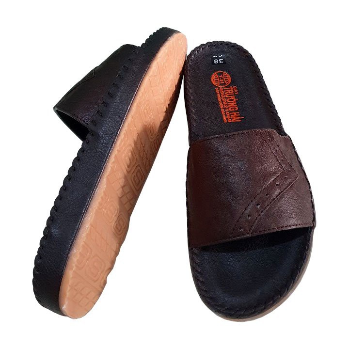 Dép nam quai ngang da bò màu nâu đế cao 3cm Trường Hải may viền chắc chắn DDN134