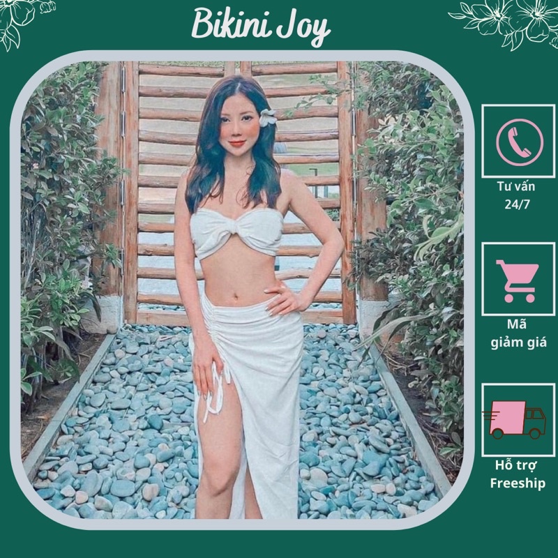 Bikini nữ đi biển 3 mảnh nơ ngực kèm chân váy dây rút 2 màu