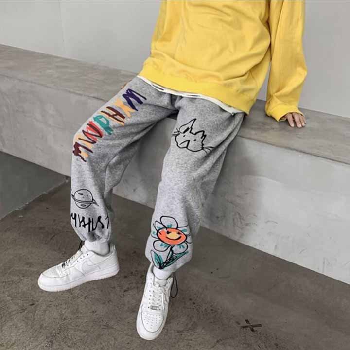 Quần Jogger Dài Ống Rộng In Hình Hoa ⚡️ MẪU MỚI ⚡️Nỉ Ulzzang Dây Rút Ở Gấu Ống Suông phong cách hàn quốc mặc được 2 kiểu