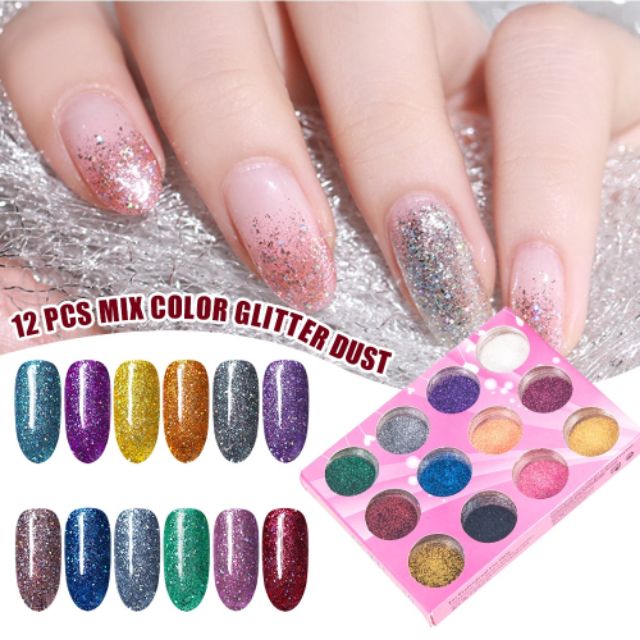 Bộ 12 hủ kim tuyến trang trí móng, make up, DIY.