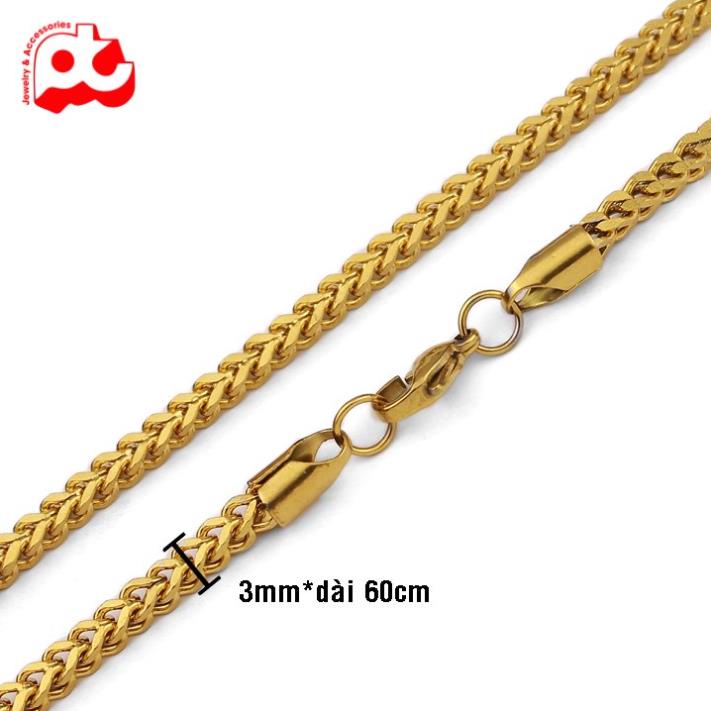 Dây chuyền titan nam cao cấp đẹp sang trọng thép không gỉ kiểu lặc vuông PT JEWELRY kích cỡ 3mm mạ vàng PTDCNA62