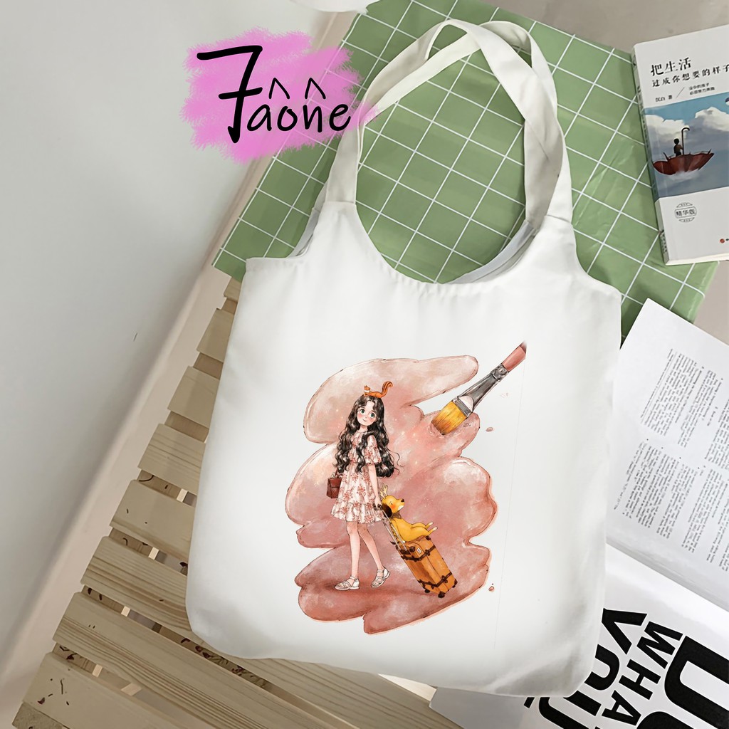 TÚI VẢI QUAI TRÒN CÔ GÁI TÓC DÀI CÓ TÚI CON TOTE VẢI CANVAS