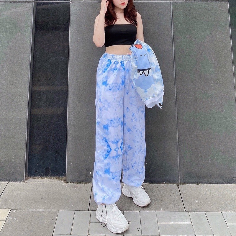 Quần loang màu 3D ống rộng có dây rút, ống suông form rộng unisex