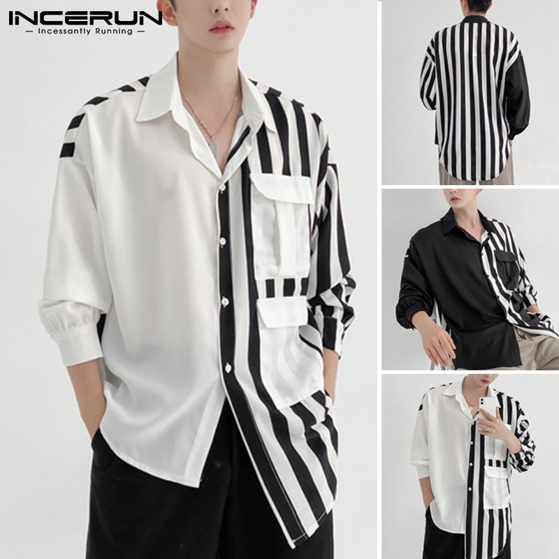 Áo Sơ Mi INCERUN Tay Dài Họa Tiết Kẻ Sọc Phối Màu Trắng Đen Thời Trang Cho Nam