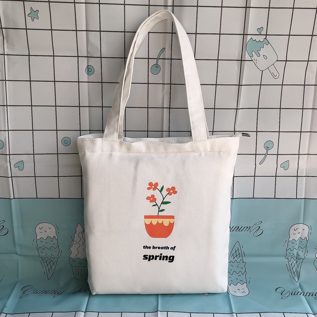 Túi tote vải canvas in hình Chậu hoa có khóa miệng đựng đồ tiện dụng