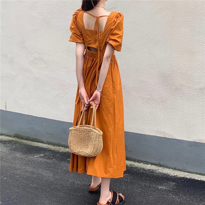 Đầm Midi Tay Phồng Cổ Vuông Thời Trang Hàn Quốc Sang Trọng Cho Nữ