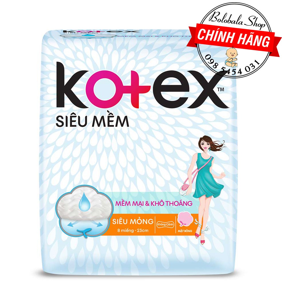 Combo 8 gói Băng vệ sinh Kotex siêu mềm có cánh/ không cánh 8 miếng 23cm