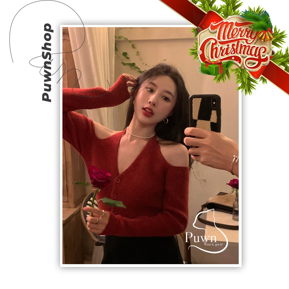Áo len Tết xẻ vai cổ tim cuốn hút, sexy Giáng sinh Noel Puwn Shop