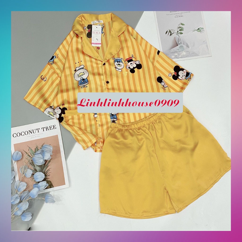 Đồ bộ mặc ở nhà Pijama lụa satin cộc đùi mickey vàng