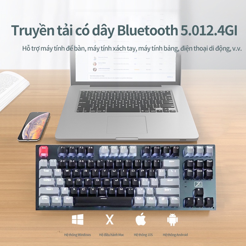 Bàn phím CƠ Bluetooth Không Dây Pin Sạc  LED đẹp, phím blue switch cho máy tính pc laptop, điện thoại, máy tính bảng