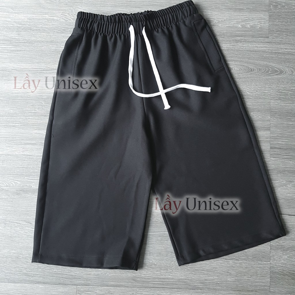 Quần culottes ống rộng nam nữ đen trơn unisex, chất vải mềm mịn mát, lưng thun co giãn thoải mái size ~45kg - 70kg