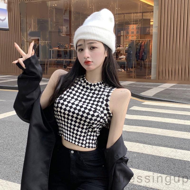 Dre-áo Tank Top Ôm Dáng Vừa Vặn Họa Tiết Hình Thoi / Ngựa Vằn Cho Nữ