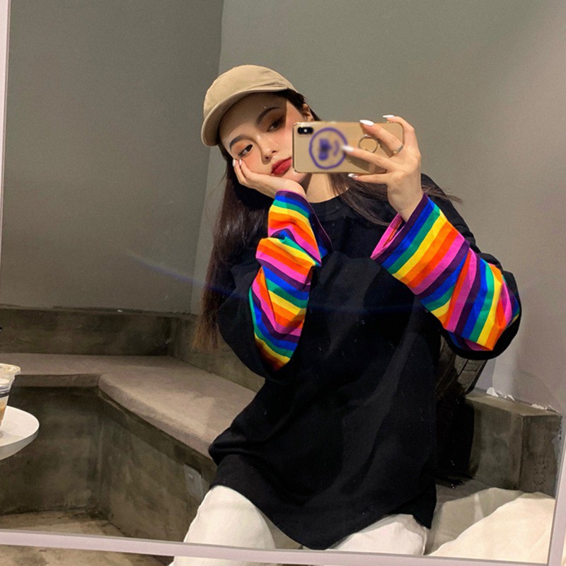 Women Loose Round Collar Stripes Print Loose Long Sleeve T-Shirt