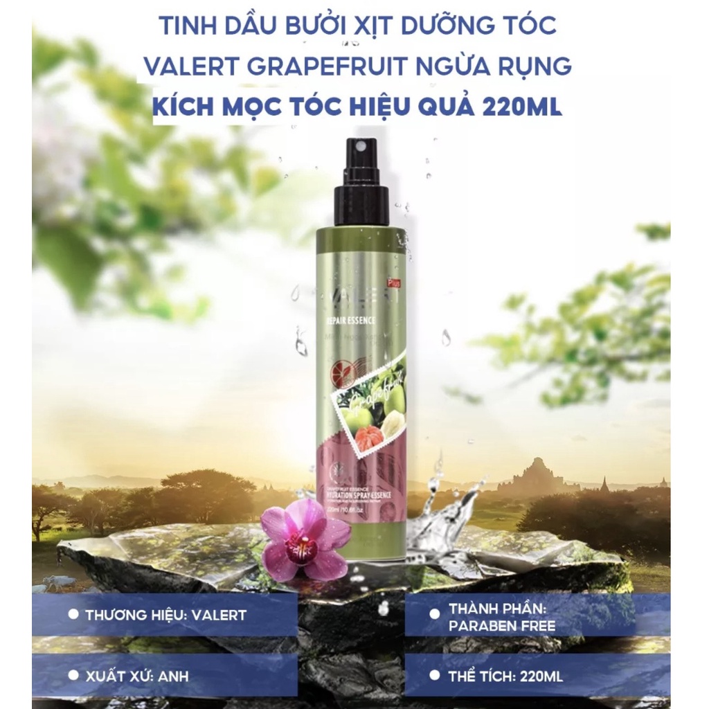 Combo 2 chai xịt dưỡng tóc tinh dầu bưởi VALERT GRAPEFRUIT REPAIR ESSENCE 220ml ngừa rụng kích thích mọc tóc hiệu quả