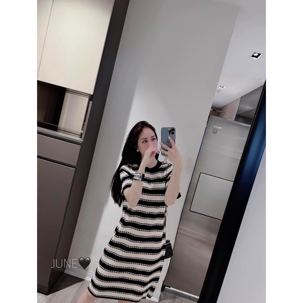 Váy len montoghi kẻ ngang dáng suông mẫu mới hàng quảng châu
