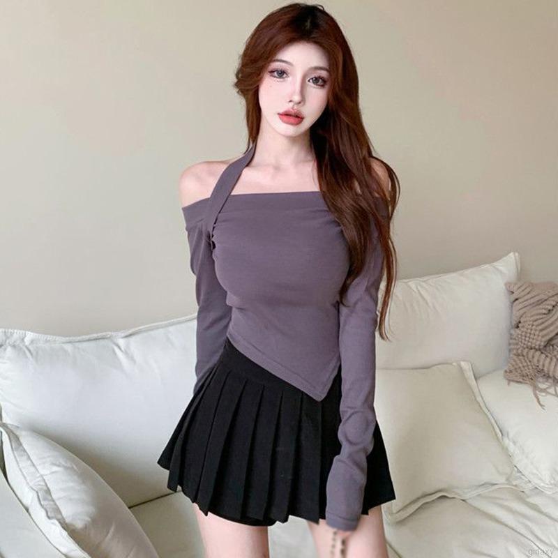 Áo croptop trễ vai màu sắc đơn giản quyến rũ cho nữ