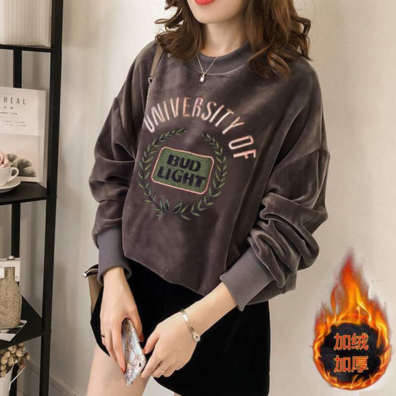 Áo sweater vải nhung dày hai mặt dáng rộng thêu họa tiết thời trang thu đông mới dành cho nữ 2021