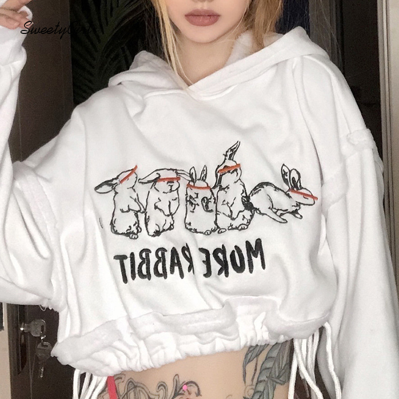 Áo Croptop Tay Dài Hoạ Tiết Thỏ Đáng Yêu Cho Nữ