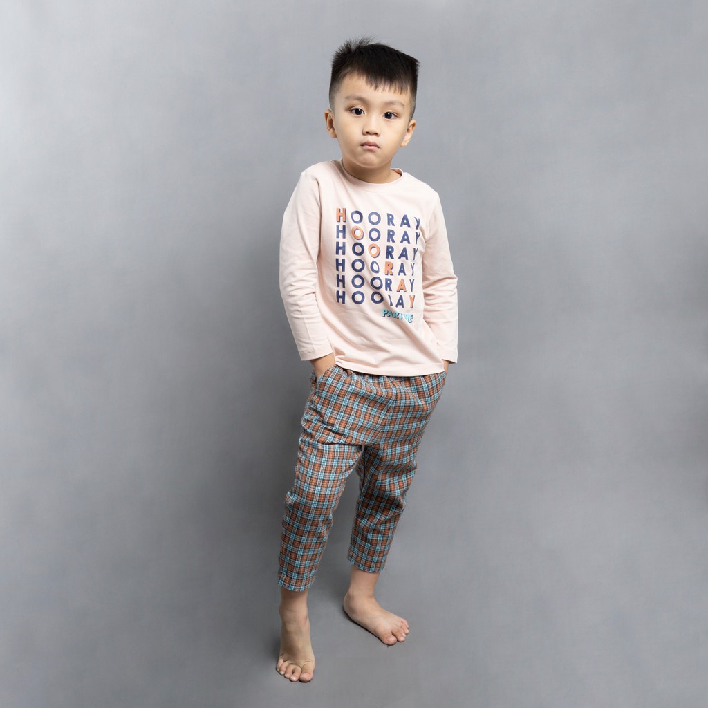 Bộ mặc nhà trẻ em SAYME đồ bộ thu đông dài tay mềm mịn ấm áp quần kẻ ống rộng KBST0009-10