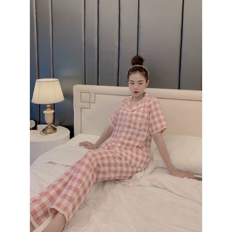 BỘ PIJAMA CHẤT ĐŨI HÀN HOẠ TIẾT KẺ Ô VIỀN REN CAO CẤP
