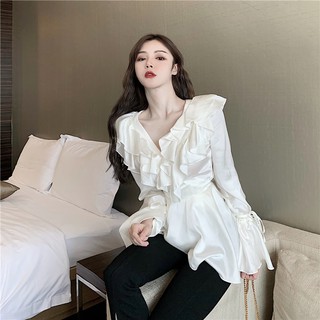 Áo satin vạt chéo bèo cổ