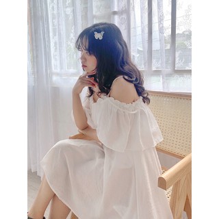 Đầm trắng trễ vai đan dây (trắng/đen)