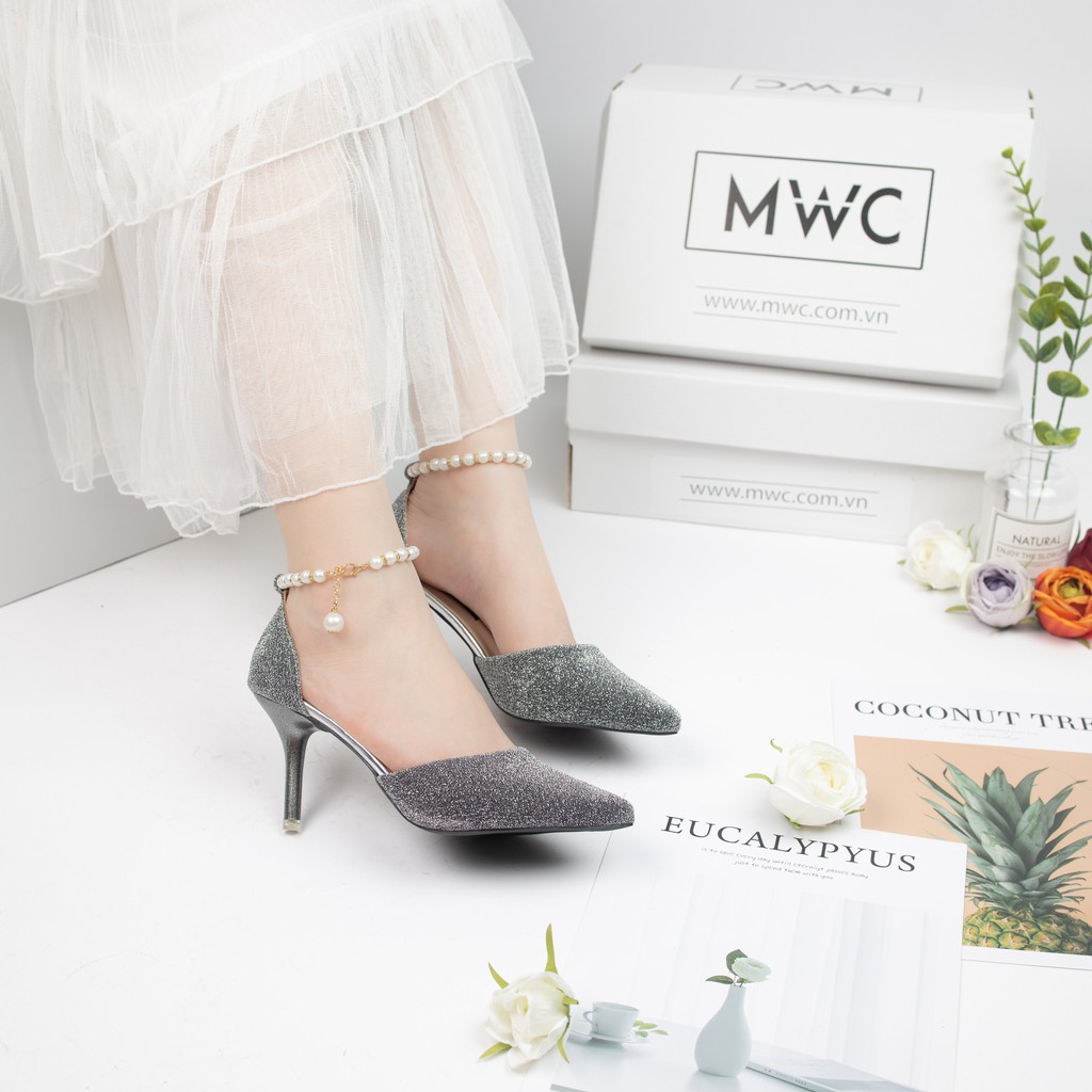 Giày cao gót nữ MWC cao gót quai hậu 7CM đế mũi nhọn da phối kim tuyến êm chân NUCG-3785
