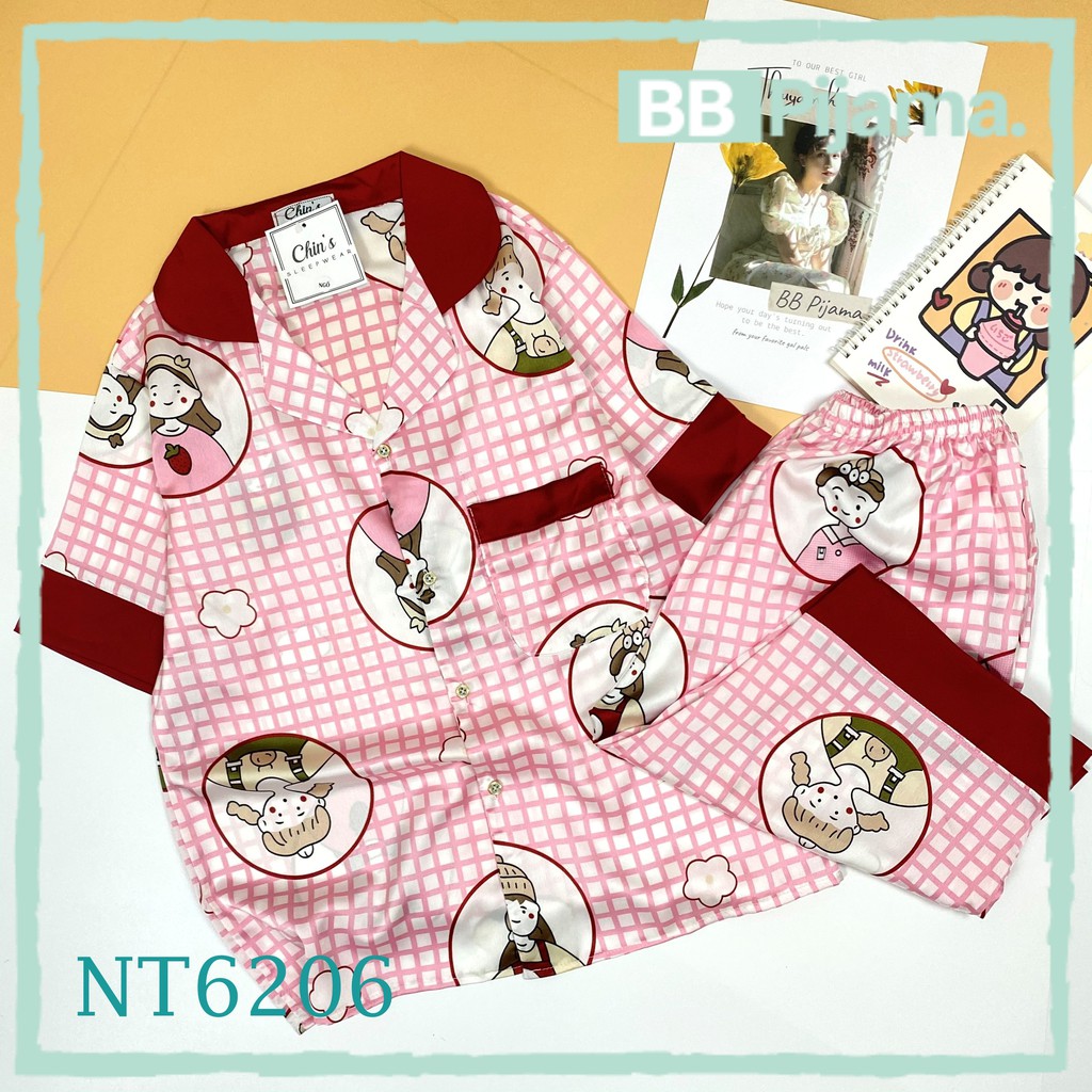 Đồ Bộ Mặc Nhà Pijama Lụa Satin. Đồ Ngủ , Bộ Ngủ Lụa, Họa tiết cực cute!
