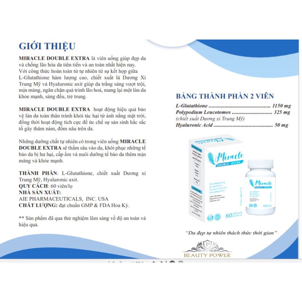 Viên Uống Miracle  Double Extra  Chống Nắng, Trắng Da, Giảm Thâm Nám Da, Nếp Nhăn
