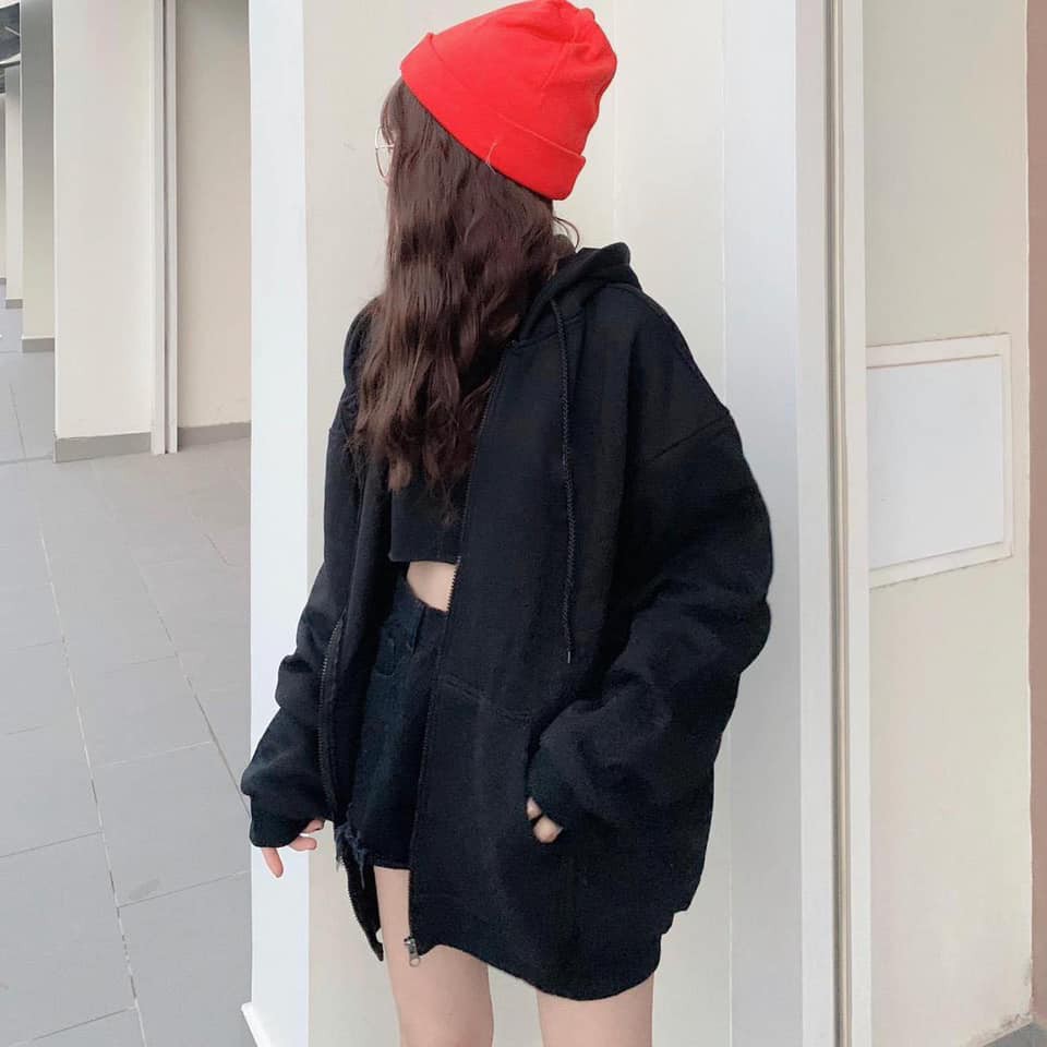 Áo Khoác Hoodie 🌸Nỉ Ngoại Unisex Phông thun dài tay bồng khóa kéo có mũ ulzzang màu Đen | Xám nam nữ HOT HHSTORE