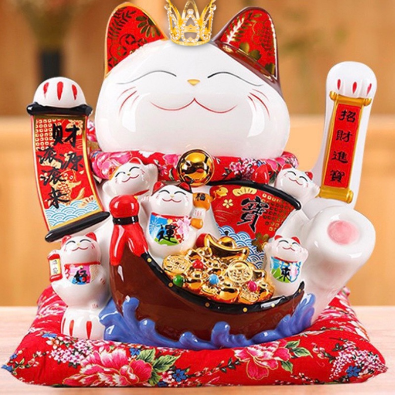 Mèo Thần Tài vẫy tay Phong Thủy 68, Mèo tài lộc may mắn Maneki neko Nhật Bản bằng gốm sứ cao cấp 25 cm