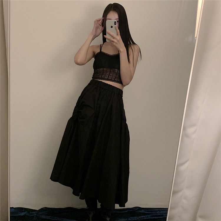 Xiaozhainv Áo hai dây không gọng thép phối ren phong cách Hàn Quốc