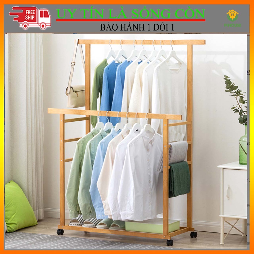 Giá kệ treo quần áo PiHouse gỗ tre cao cấp, phủ sơn bóng, có chỗ để giày, treo quần