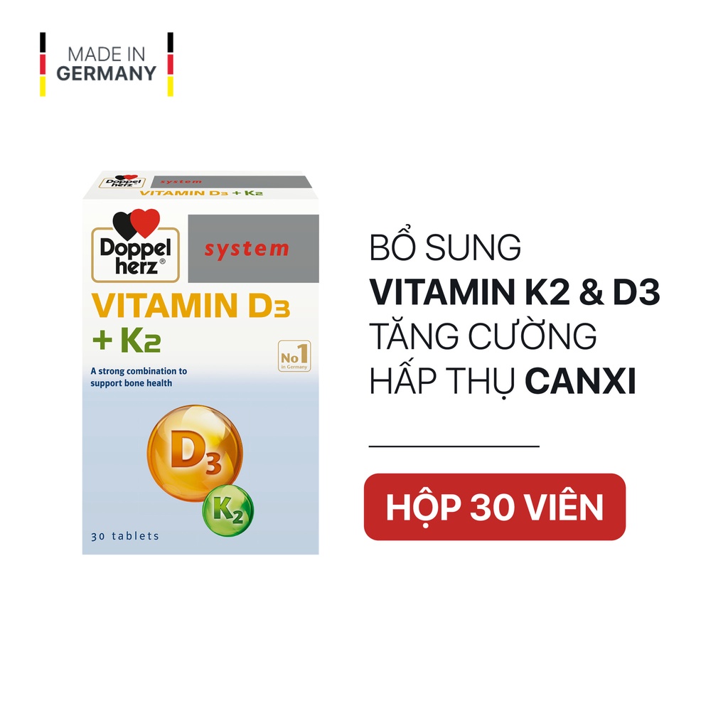 [TPCN Nhập Khẩu] Viên uống tăng cường hấp thu Canxi, giảm nguy cơ loãng xương Doppelherz Vitamin D3 + K2 (Hộp 30 viên)