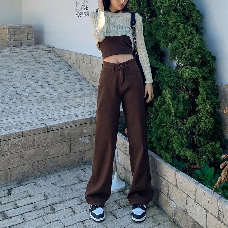 Quần Jeans Nữ Ống Đứng Màu Nâu Đất Đậm Cạp Cao 1 Cúc Phong Cách Ulzzang Hot Trend Basic Dễ Mix Đồ Loại 1