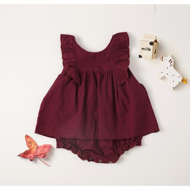 Bộ váy liền quần cotton giả váy phồng màu đỏ cực dễ thương cho bé gái