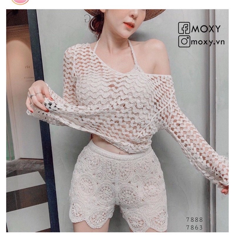 07-Set bộ bikini ren đi biển 3 món bra-áo lưới ngoài-quần sóc