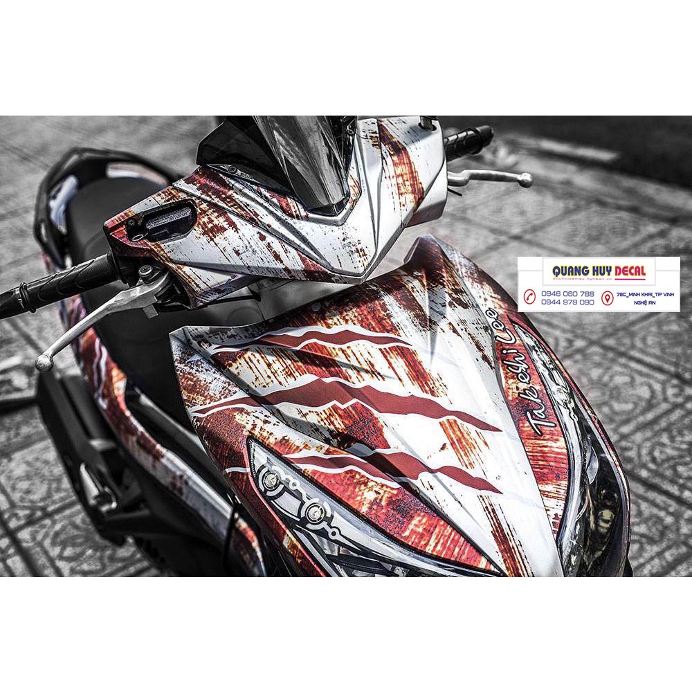 Tem xe air blade cá mập đỏ xám rỉ sét , tem trùm xe air blade, tem xe ab, tem dán xe máy ab cá mập đỏ xá