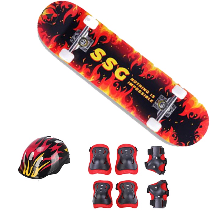 Bộ Ván Trượt Cỡ Lớn Skateboard Mặt Nhám Bánh Cao Su Dài 80cm + Kèm Bộ Bảo Hộ