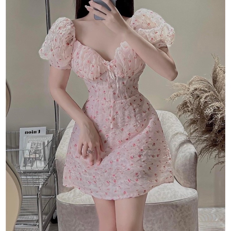 Váy hoa nhí cộc tay tay bồng đỏ và vàng chanh chất xốp bông siêu nhẹ