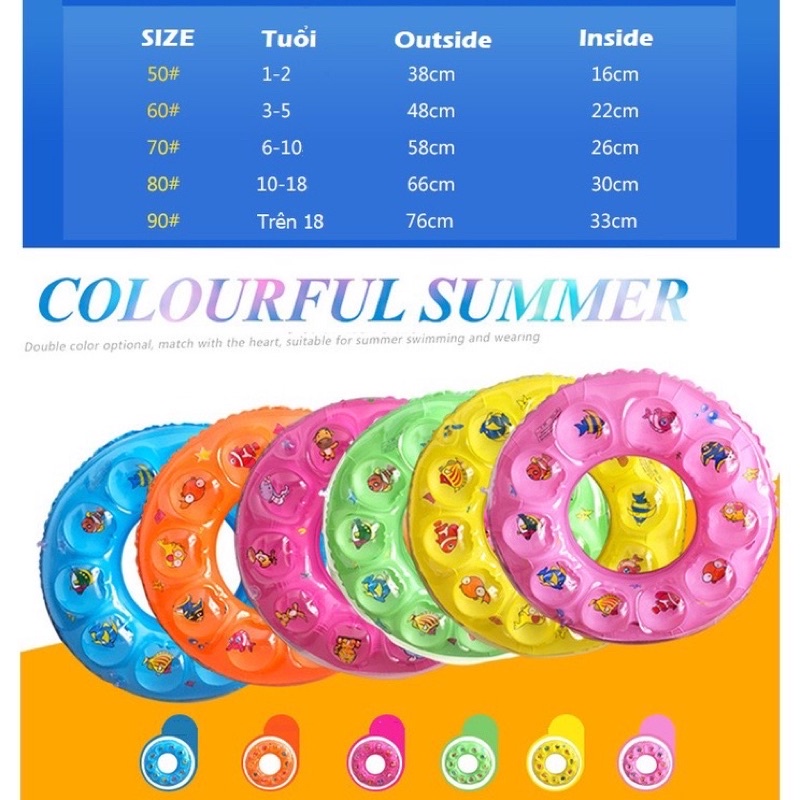 Phao bơi tròn cho bé - phao bơi 2 lớp dày dặn cho bé tập bơi nhiều kích thước